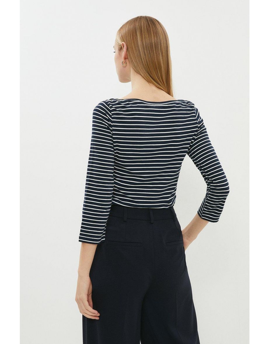 Stripe Slash Neck 3/4 Length T-shirt - 2
