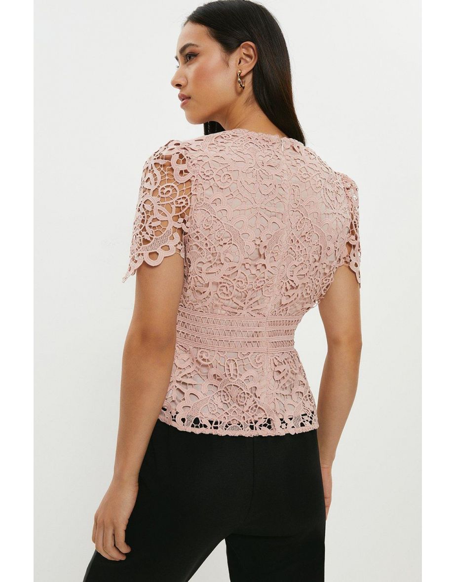 Lace V Neck Peplum Top - 2