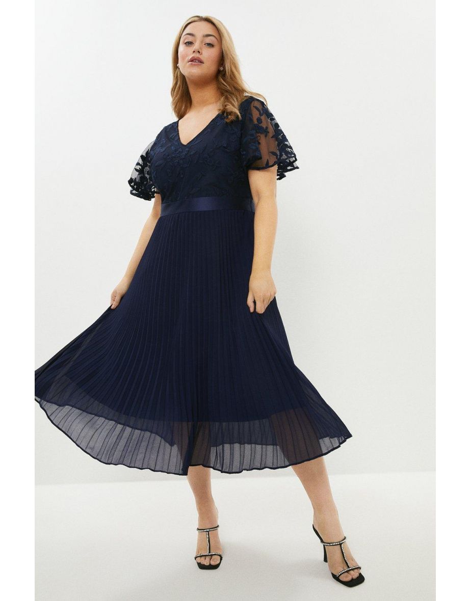 Curve V Neck Embroidered Midi Dress