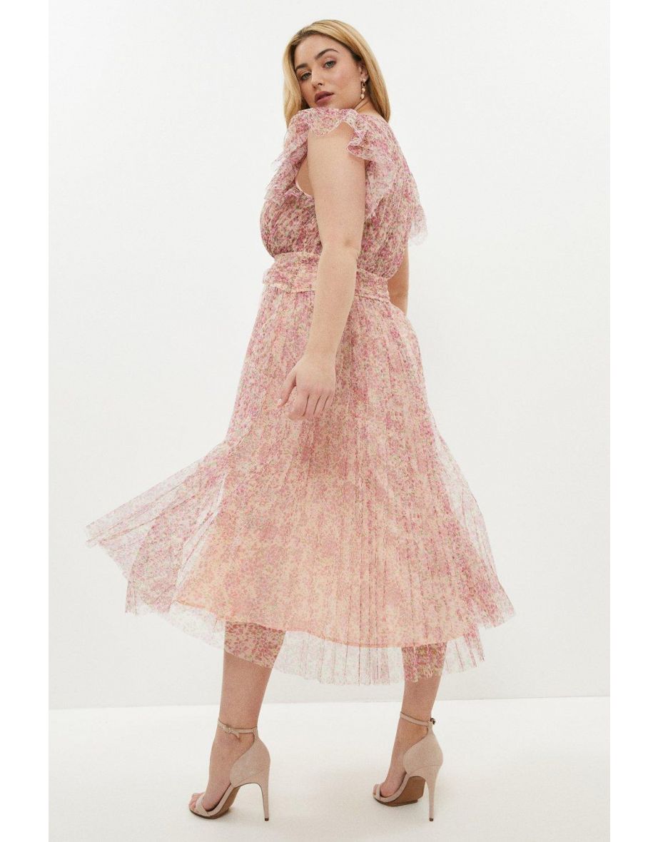 Curve V Neck Pleated Mesh Ruffle Sleeve Dress - 2