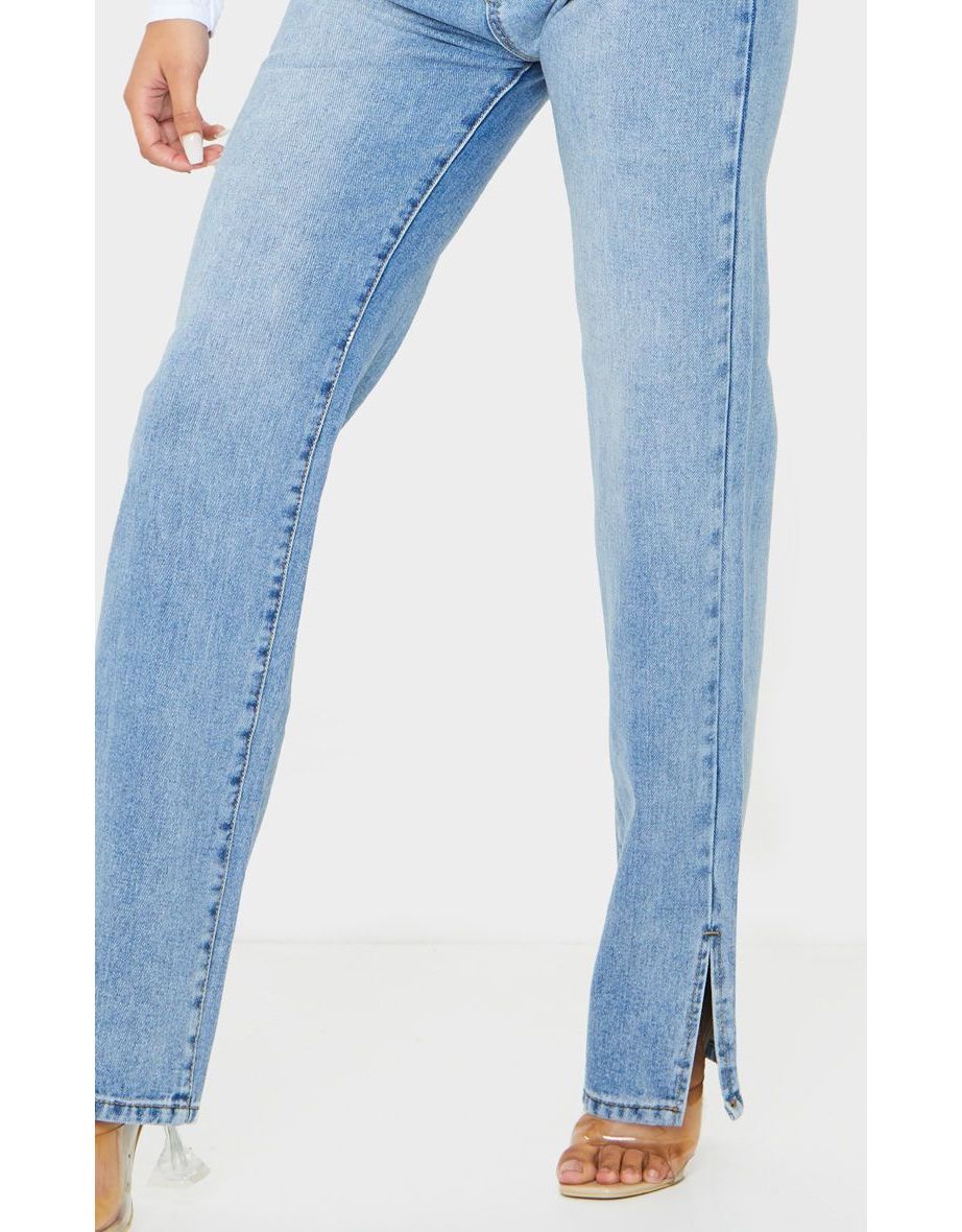 Mid Blue Wash Split Hem Straight Leg Jeans - 3