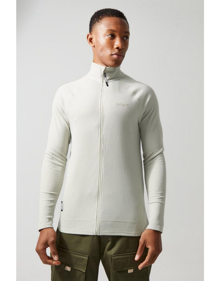 Active Muscle Fit Funnel Neck Waffle Track Top - stone