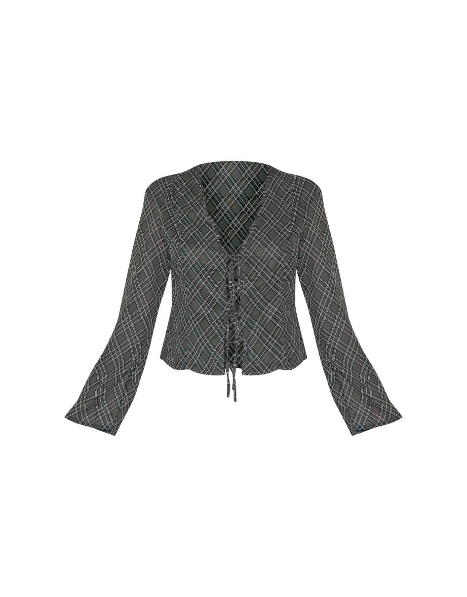 Green Check Chiffon Tie Front Blouse - 4