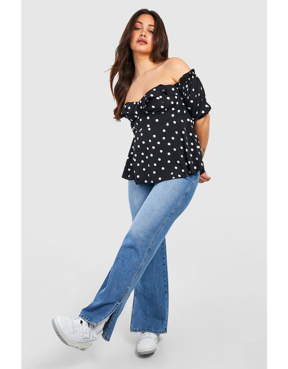 Plus Woven Spot Bardot Peplum Top - black