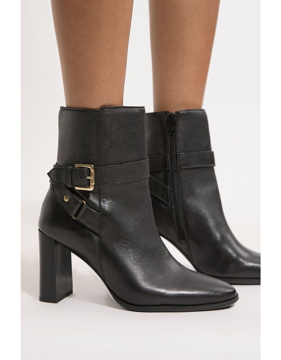 Leather Block Heel Buckle Ankle Boot