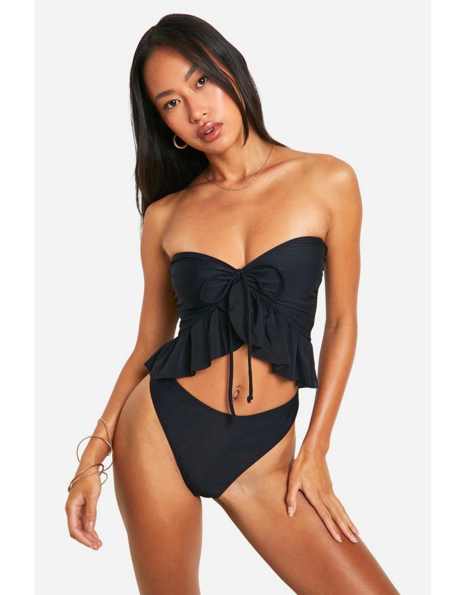 Frill Longline Bandeau Hipster Bikini Set - black