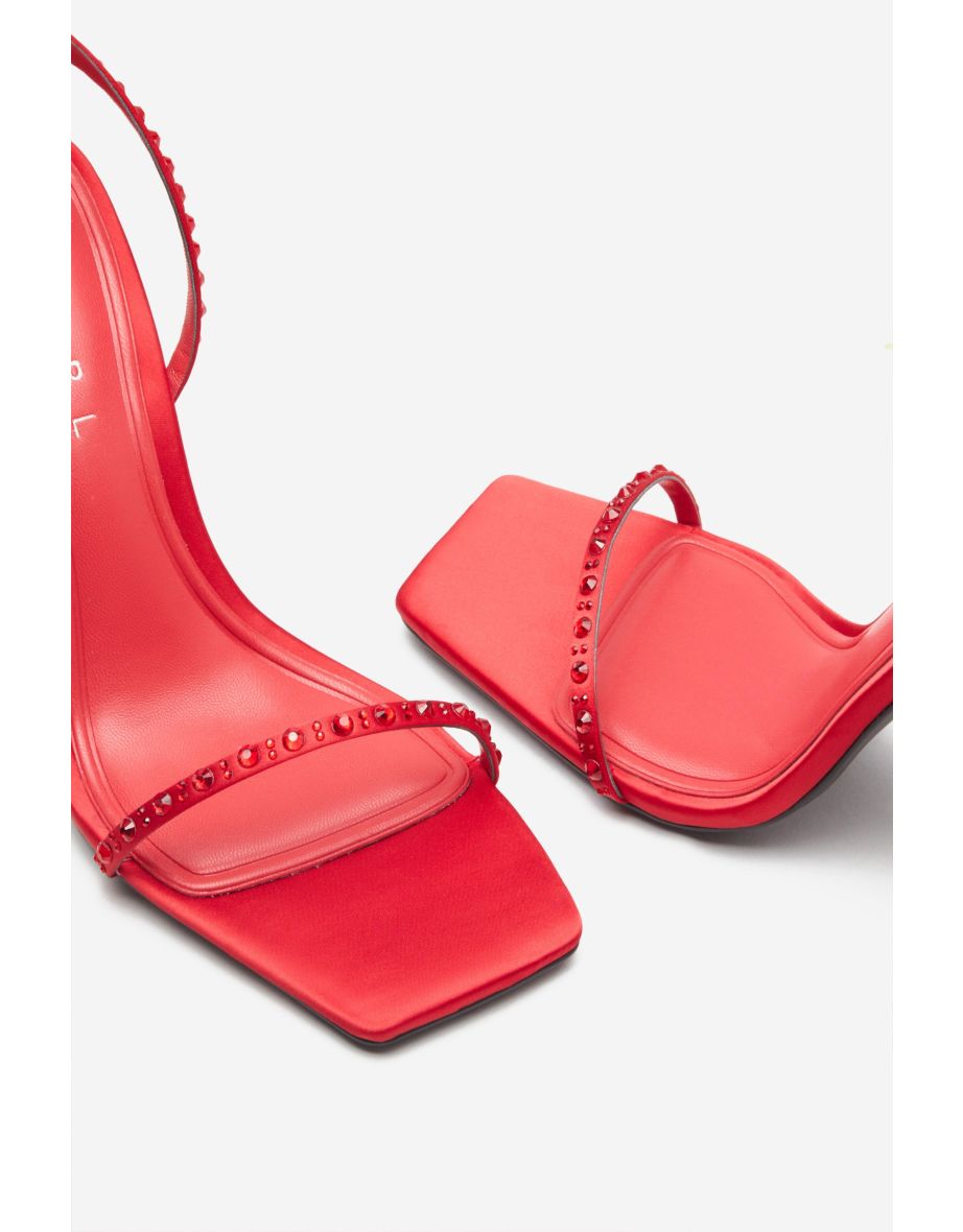 Nostalgia | Bright Red Satin Heeled Sandals With Diamante Straps - 4