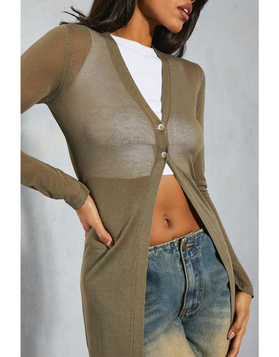 Sheer Knit Button Detail Maxi Cardigan - 3