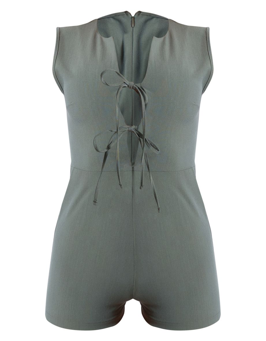Khaki Woven Tie Front Tailored Playsuit - 4