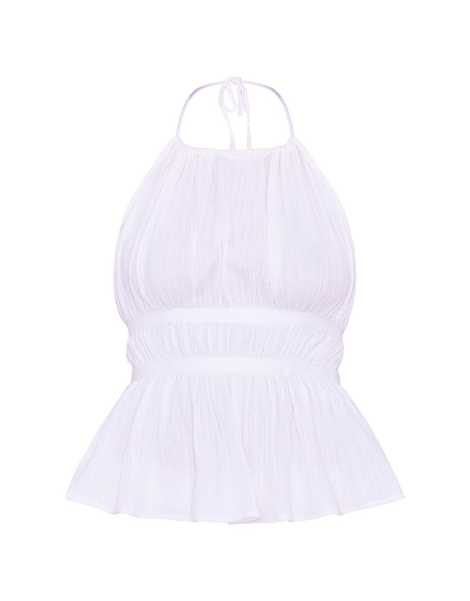 White Cheesecloth Linen Look Halterneck Sleeveless Backless Top - 4