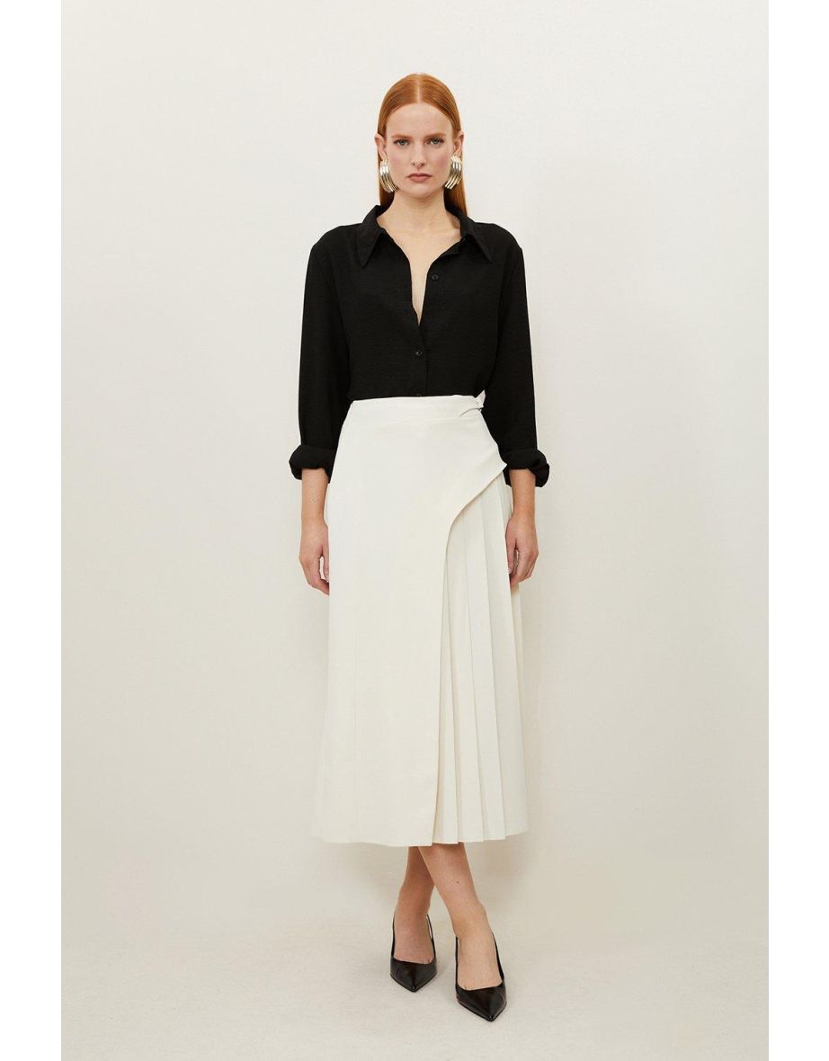 Tailored Buckle Detail Pleated Midi Skirt