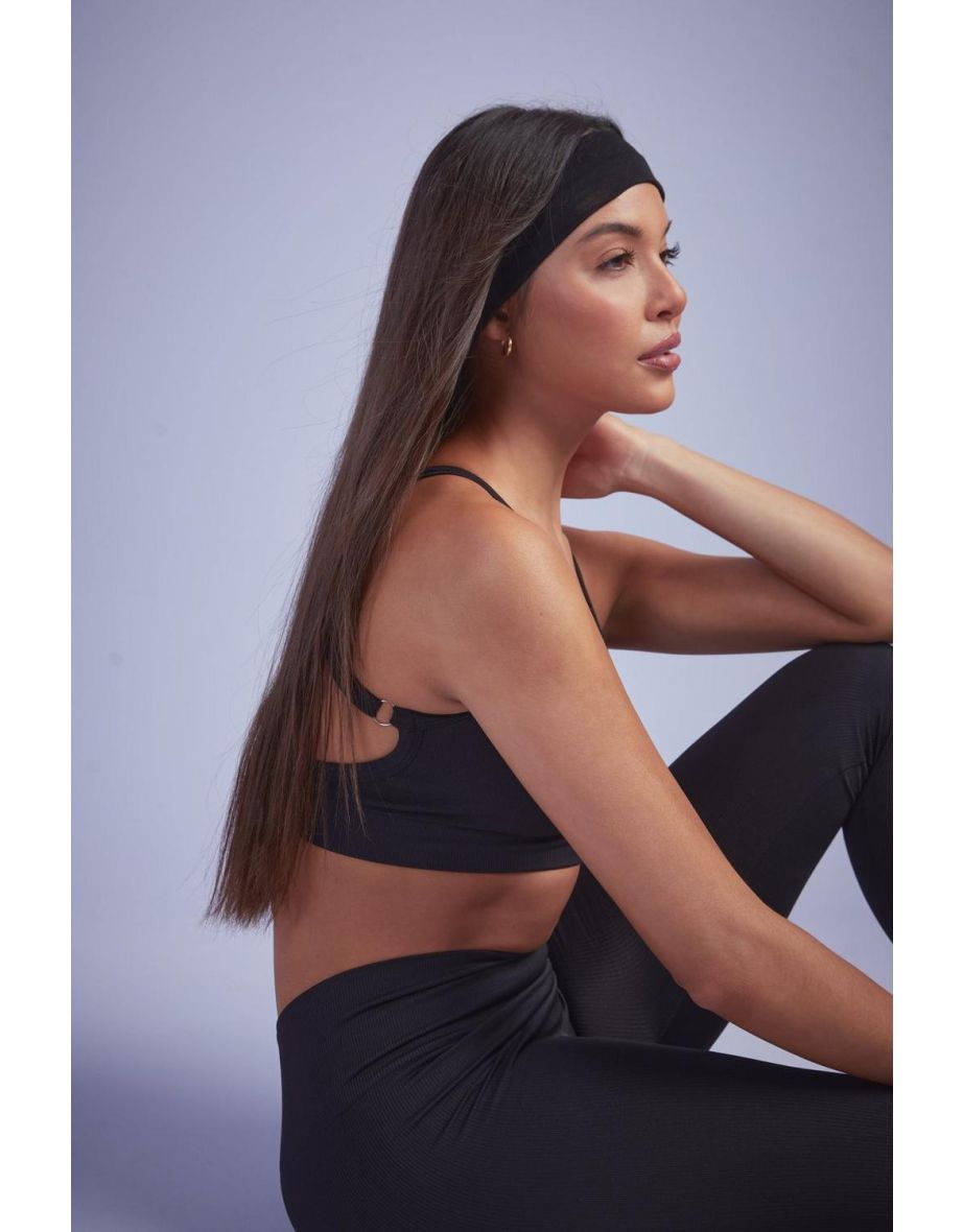 Seamless Rib Plunge Cross Back Sports Bra - black - 3