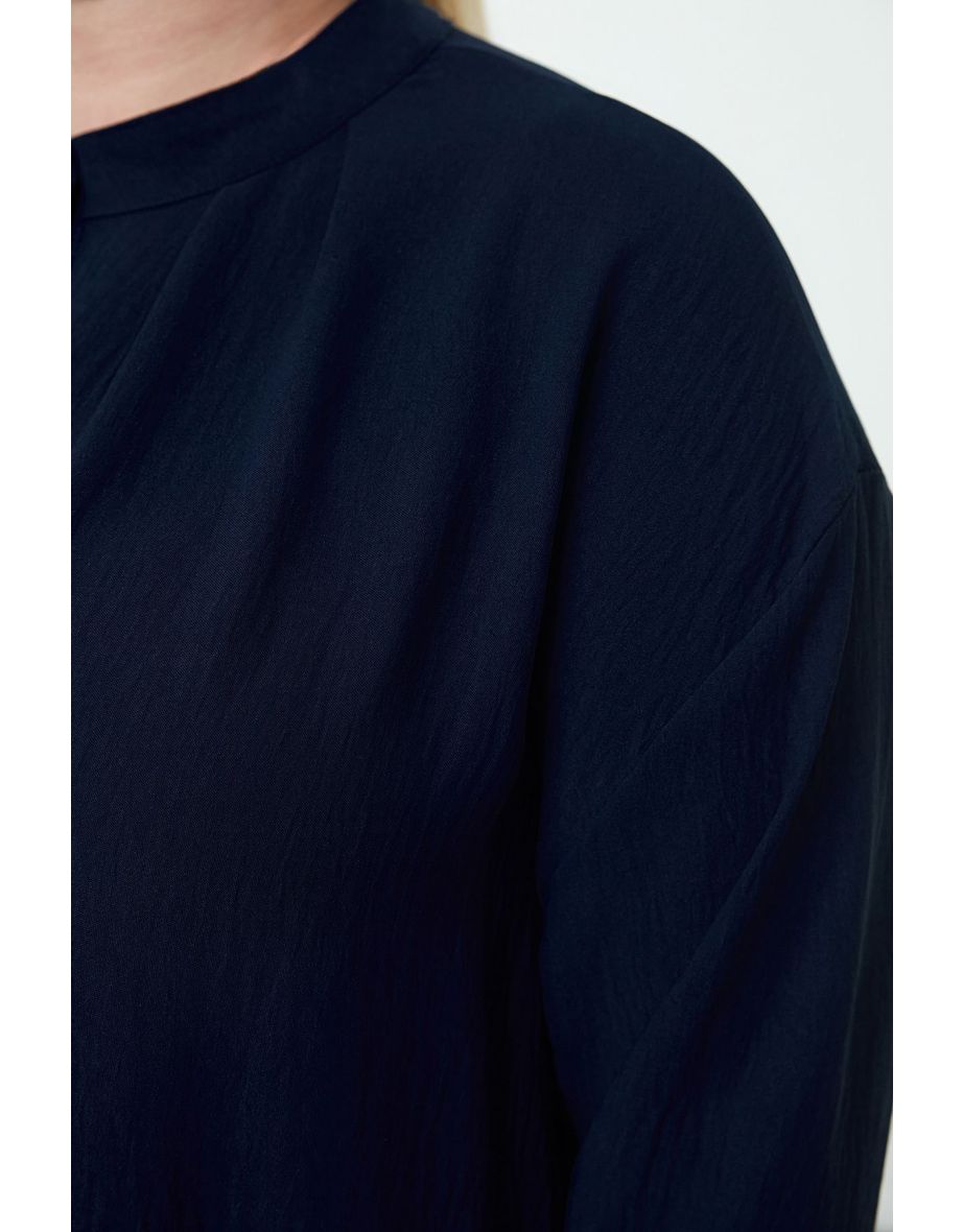 Navy Blue Woven Long Sleeve Plus Size Shirt with Side Slits - 4