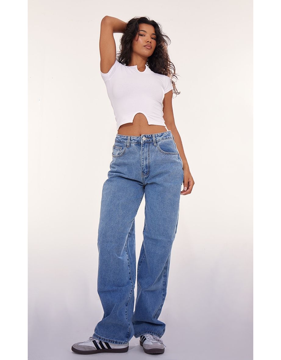 White Modal Cotton Notch Neck Split Hem T Shirt