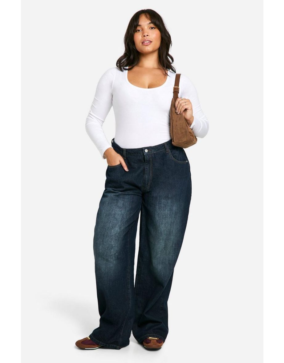 Plus Cotton Scoop Neck Long Sleeve Bodysuit - white