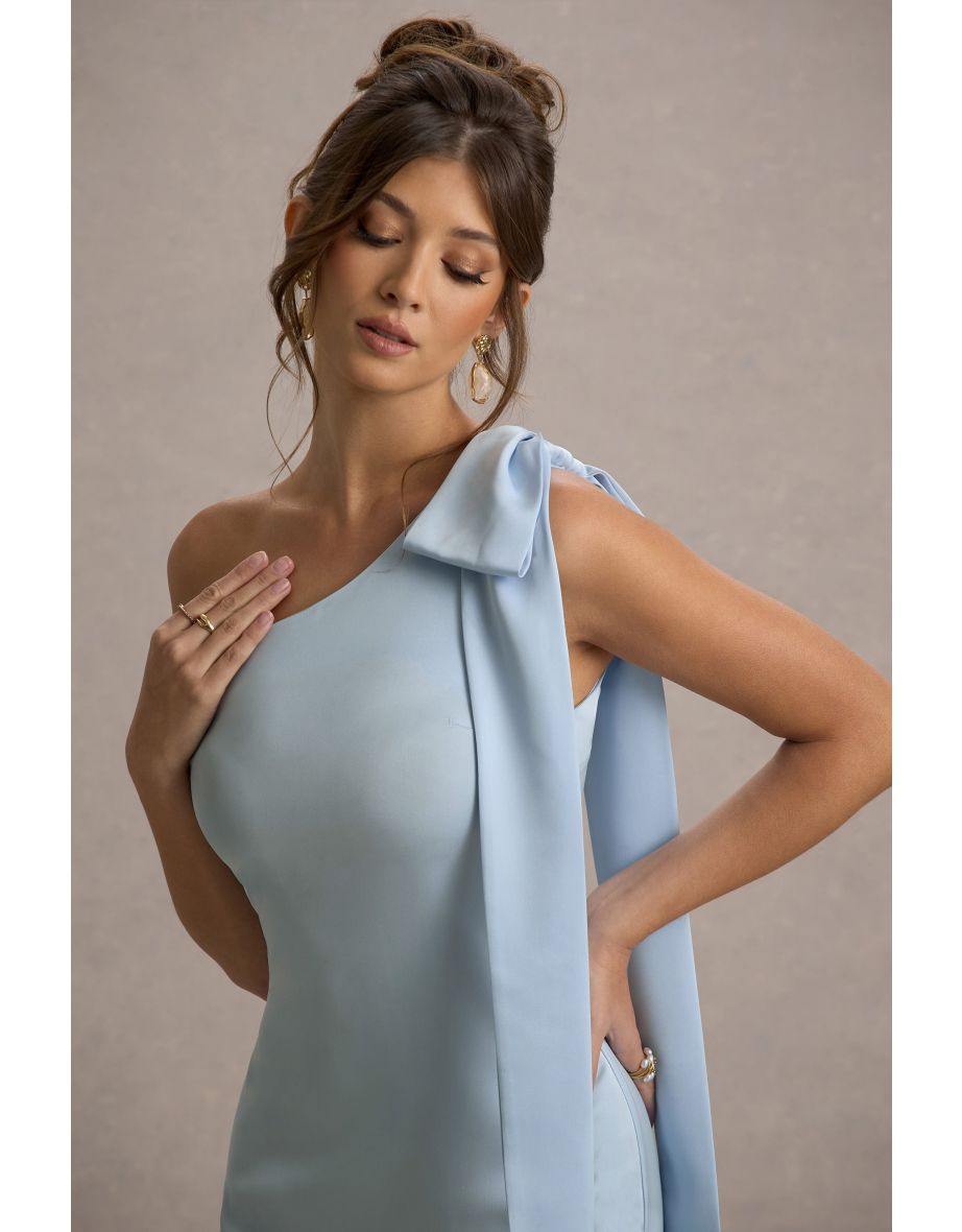 Here For Love | Powder Blue Satin Asymmetric Maxi Dress With Bow - 5