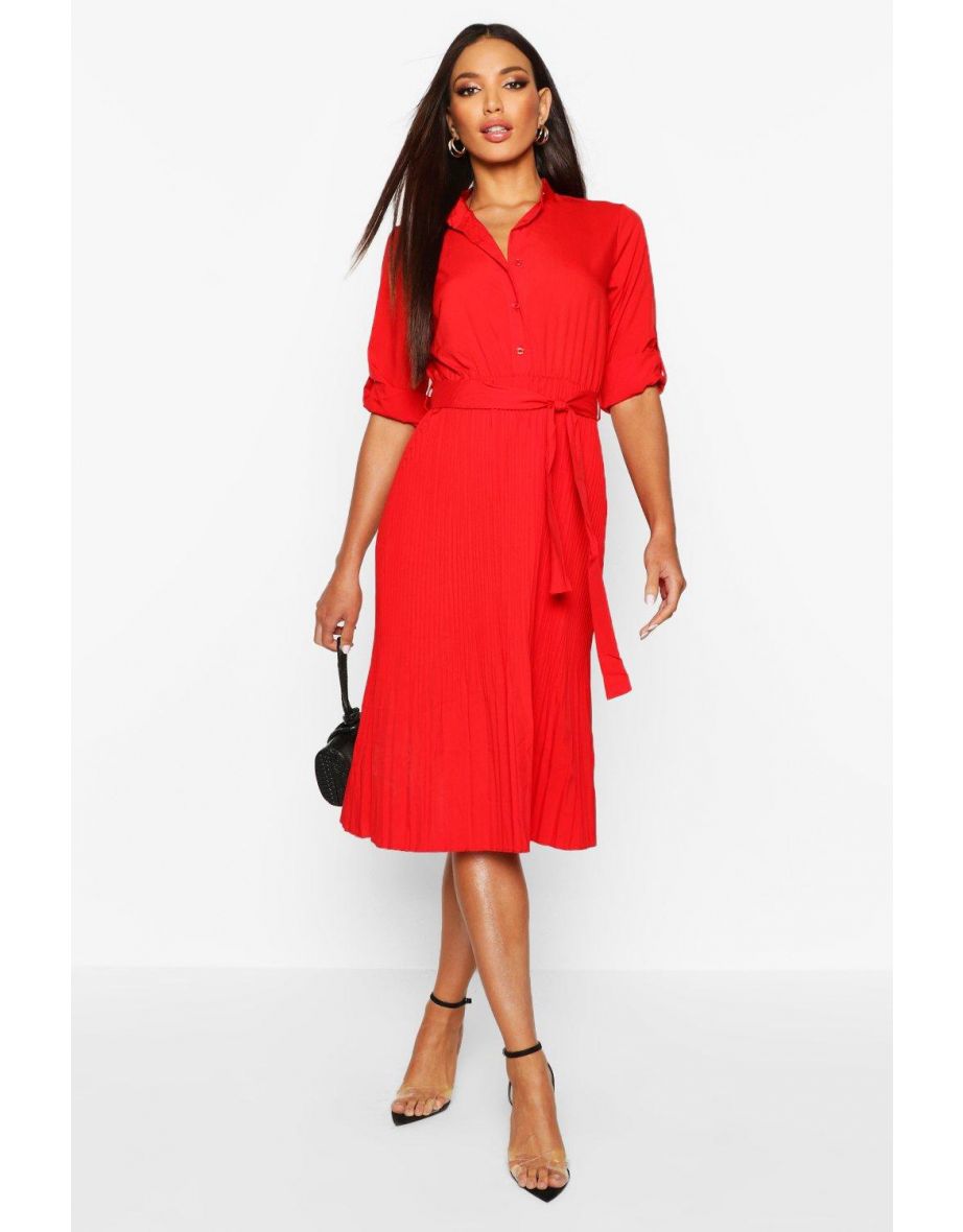 Pleated Collarless Midi Skater Dress - red