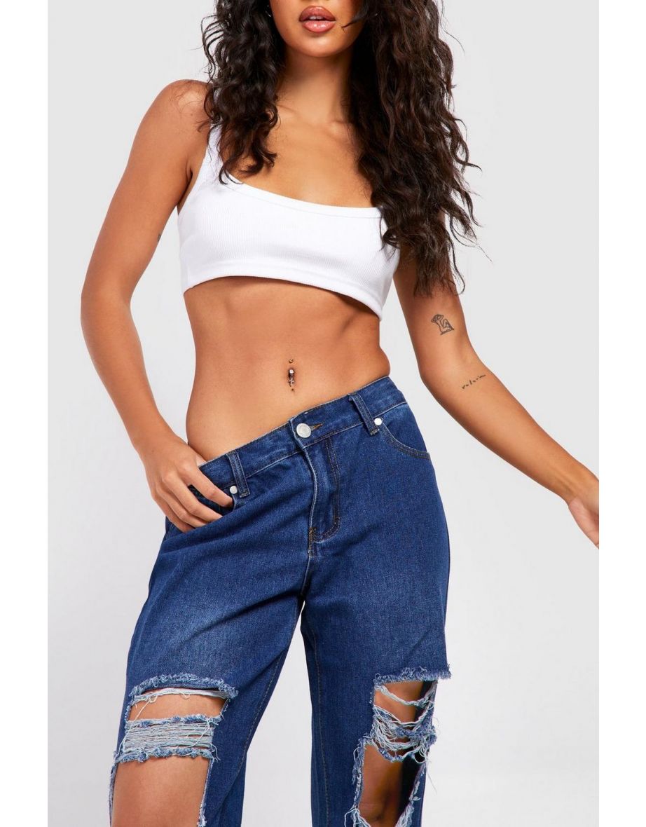 Basics Mid Rise Ripped Boyfriend Jeans - mid blue - 3