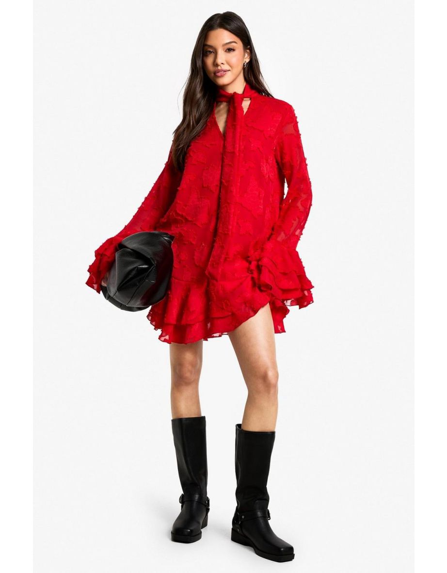 Burnout Floral Ruffle Smock Dress - red