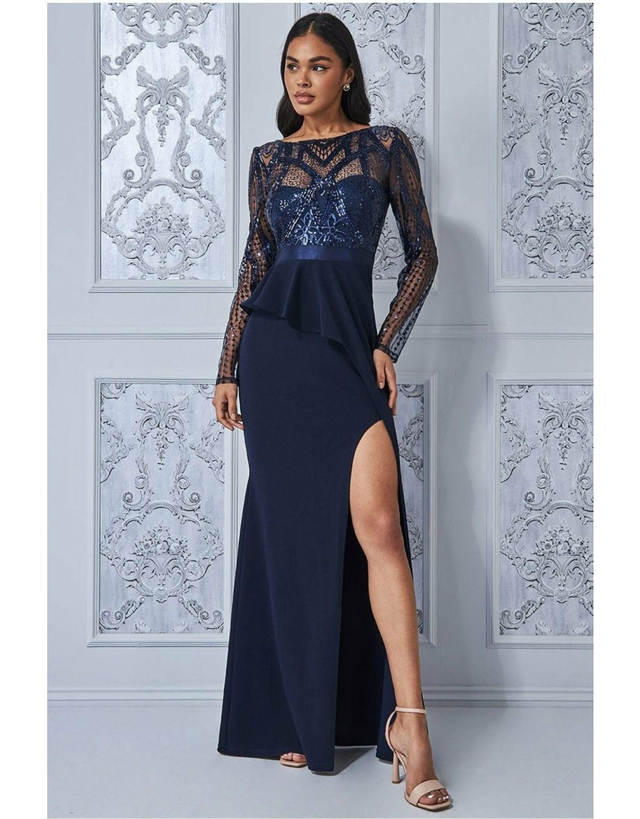 Goddiva Sequin Bodice With Front Frill Maxi Dress - Navy