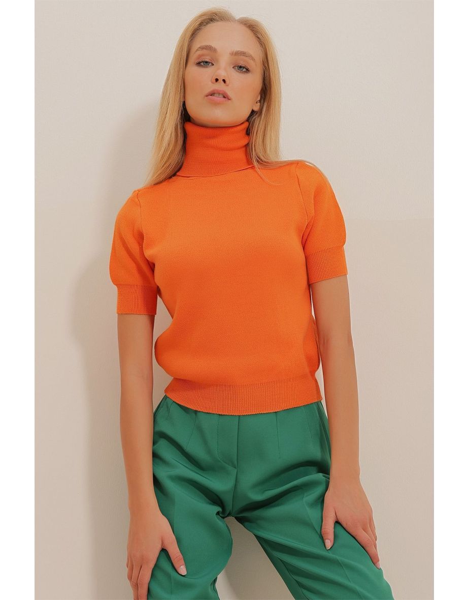Women's Orange Turtleneck Short Sleeve Basic Knitwear Sweater - 2