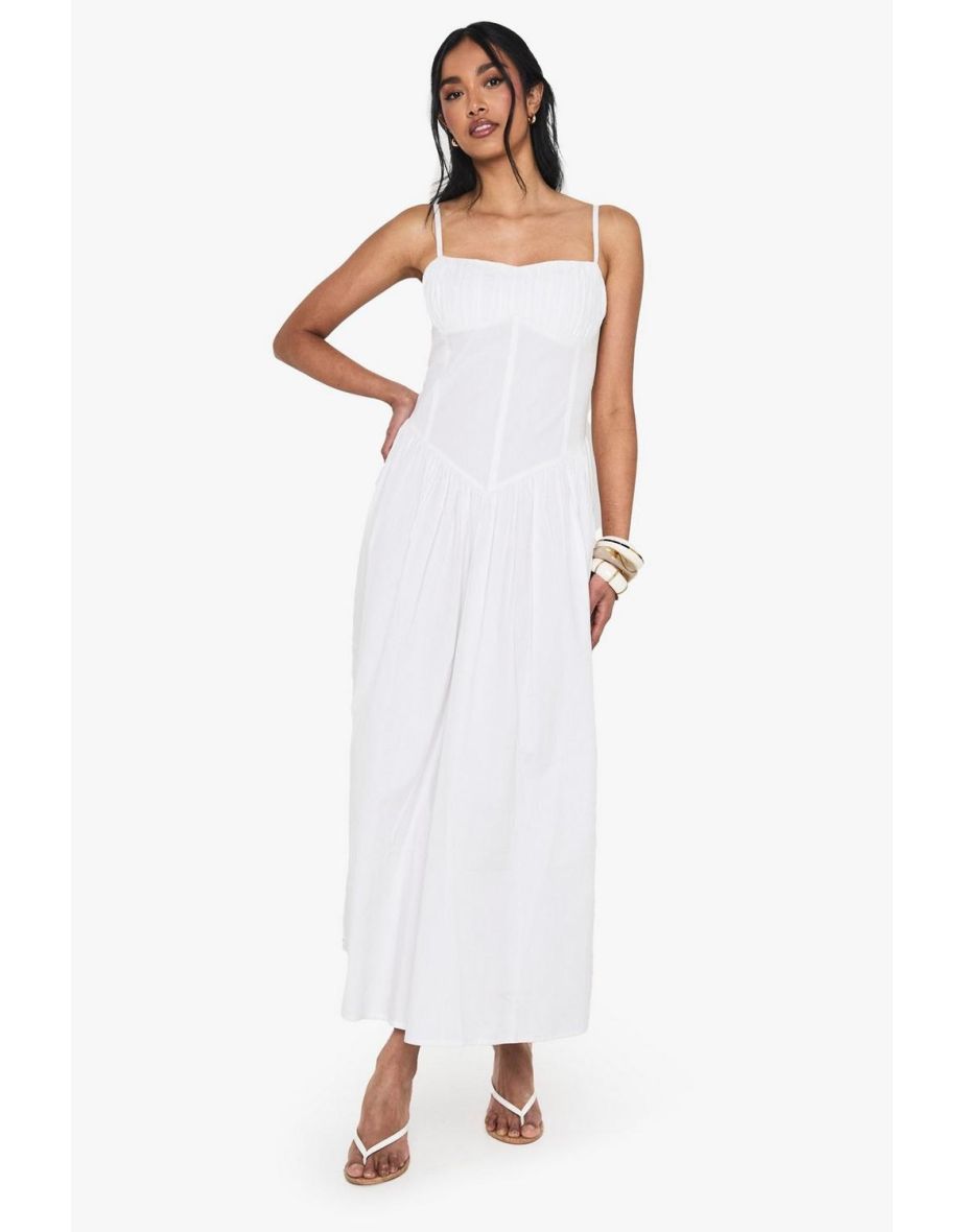 Cotton Poplin Milkmaid Maxi Dress - white