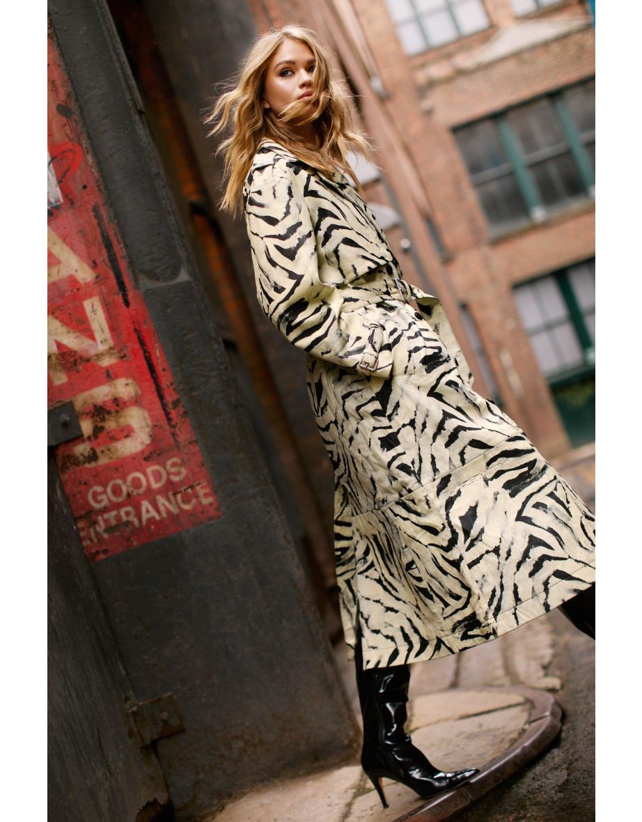 Zebra Print Real Leather Trench Coat