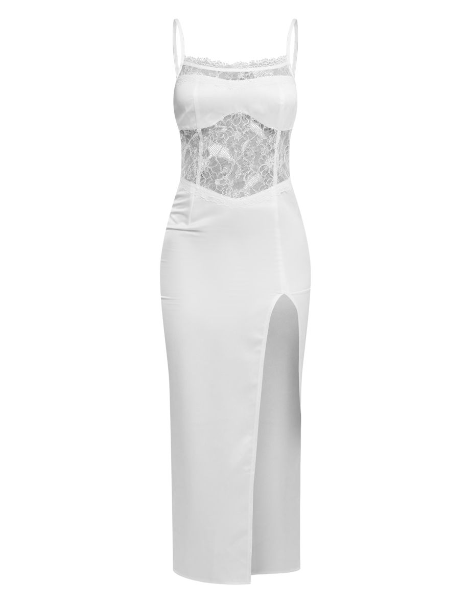 White Satin Lace Insert Strappy Split Detail Midaxi Dress - 4