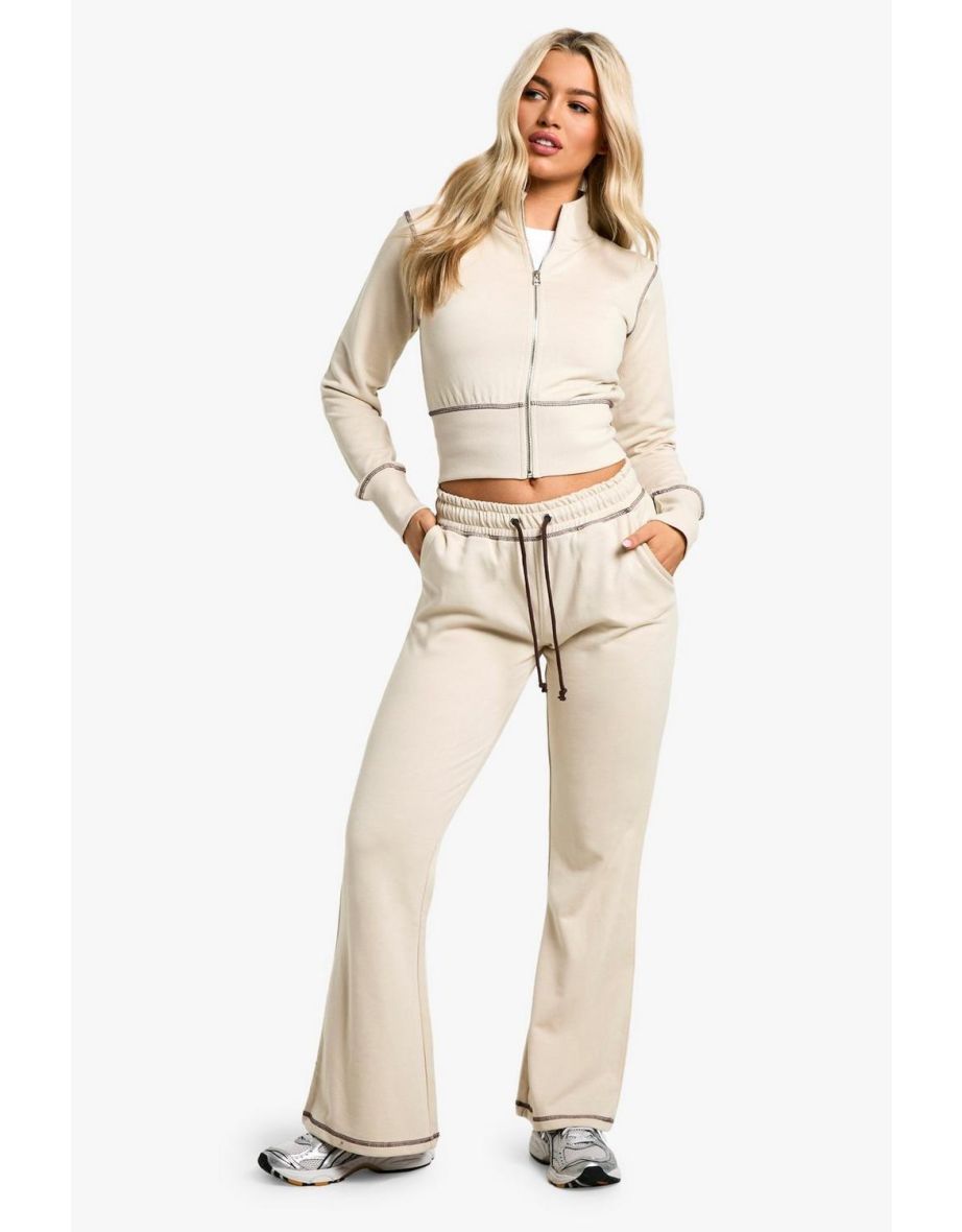Contrast Stitch Shrunken Top And Flared Jogger Tracksuit - stone