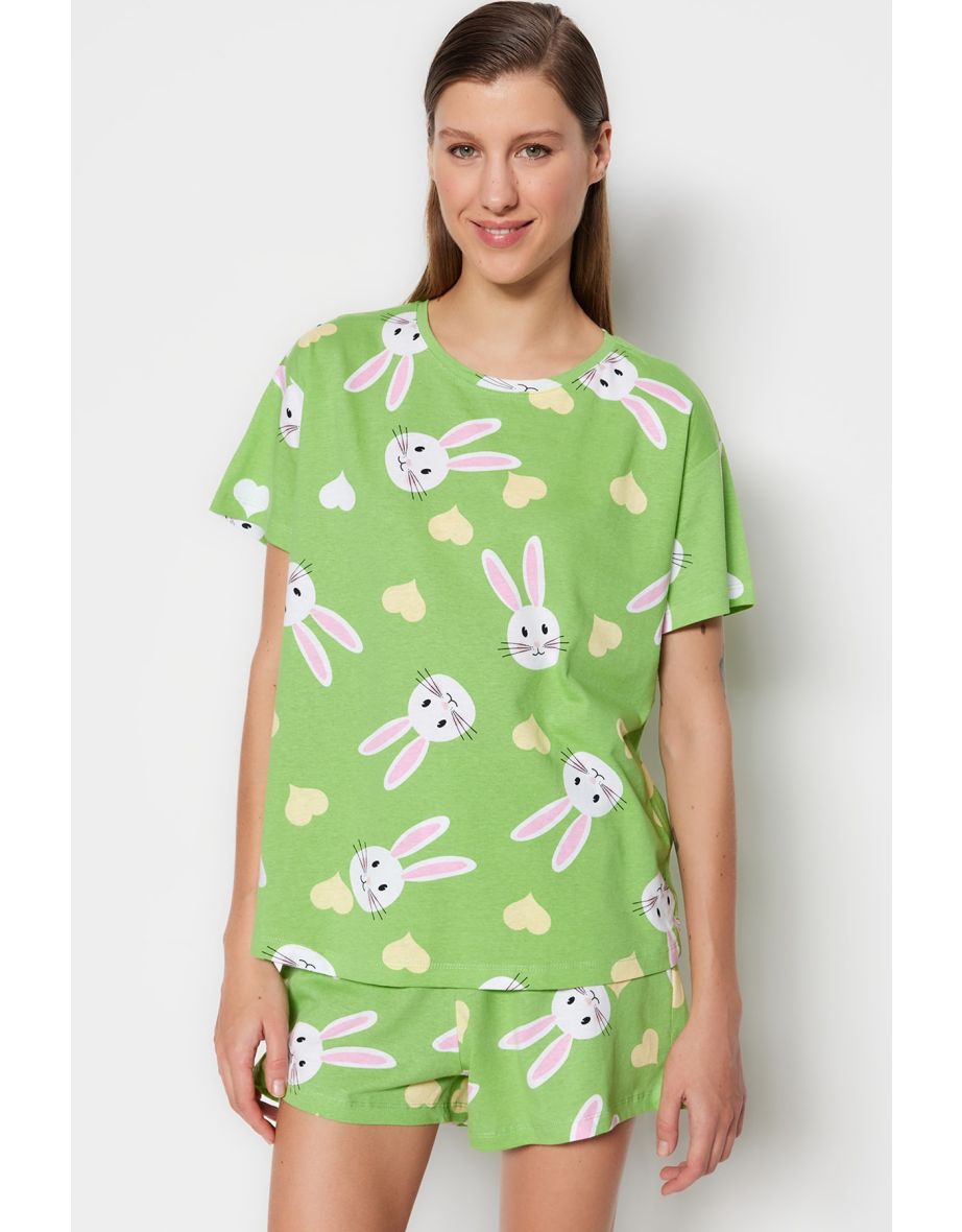 Green 100% Cotton Heart and Rabbit Printed T-shirt-Shorts, Knitted Pajamas Set.