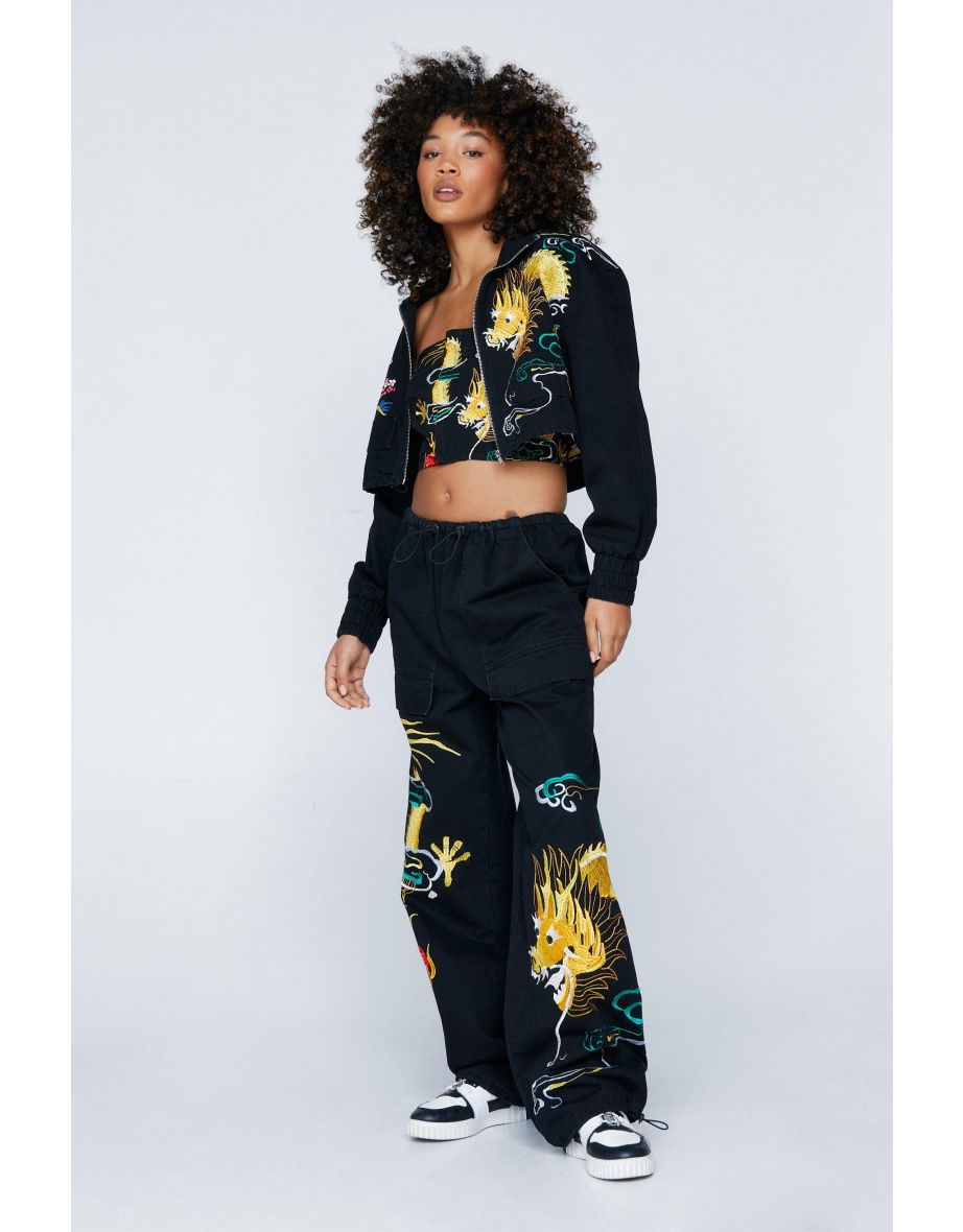 Dragon Embroidered Wide Leg Cargo Pants