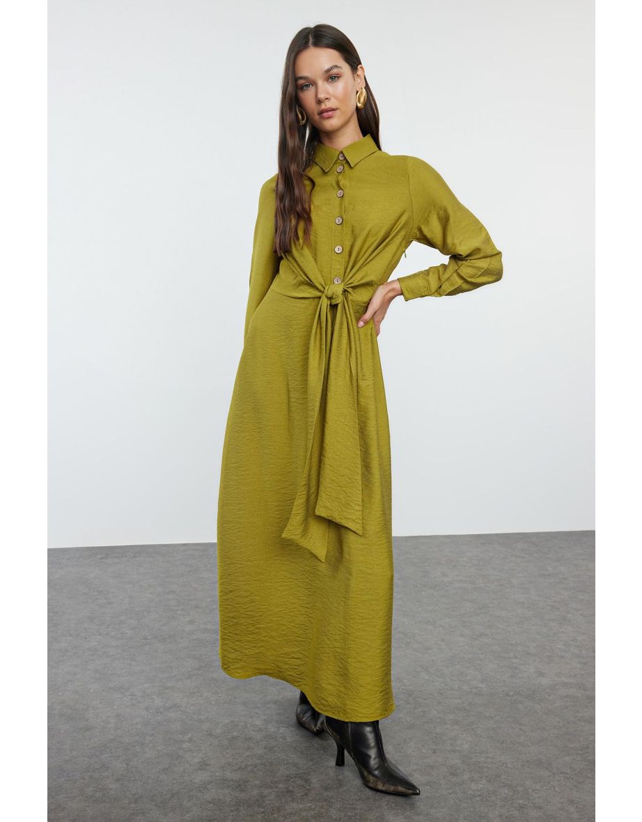 Khaki Tie Waist Woven Aerobin Hijab Dress