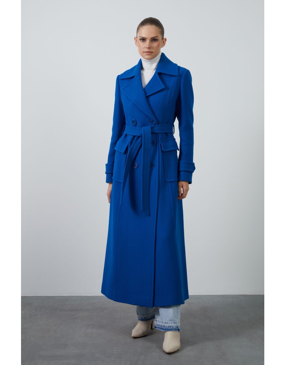 Wide Pocket Long Blue Coat With Mobile Belt