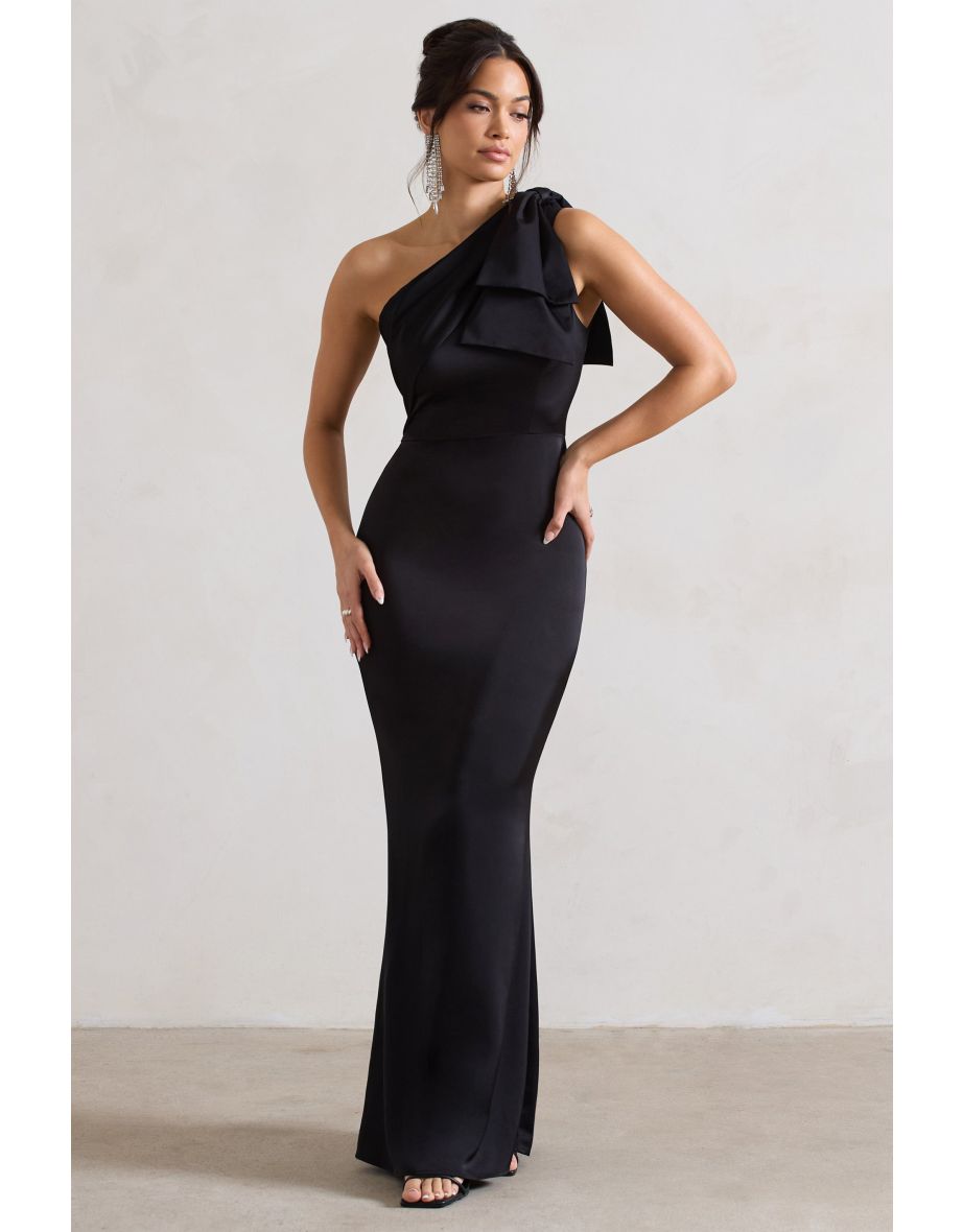 Lady | Black Satin Asymmetric Maxi Dress With Bow - 4