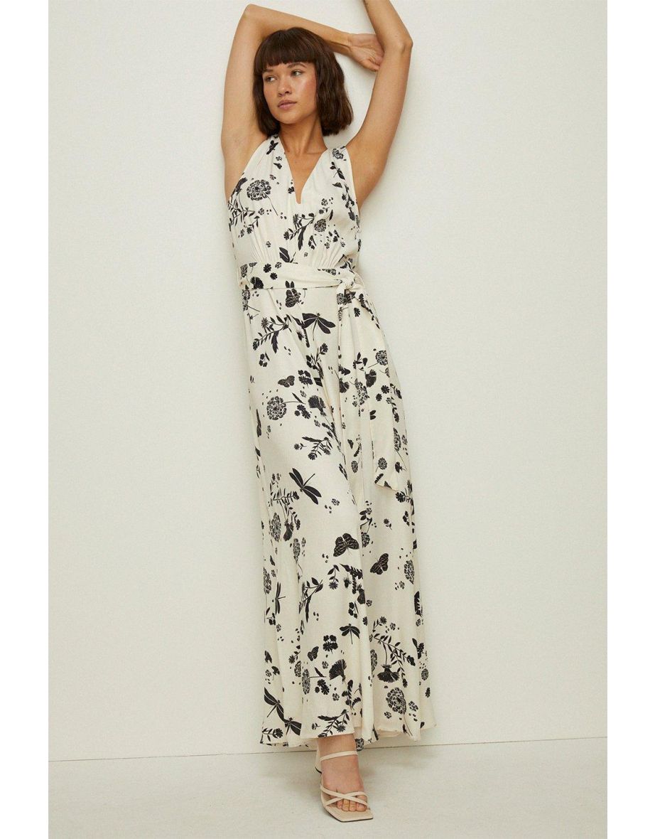 Dragonfly Print Tie Neck Satin Jumpsuit