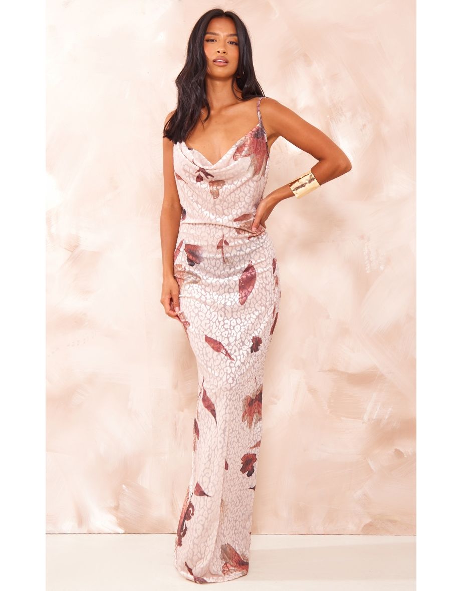 Petite Beige Floral Print Flocked Mesh Cowl Maxi Dress