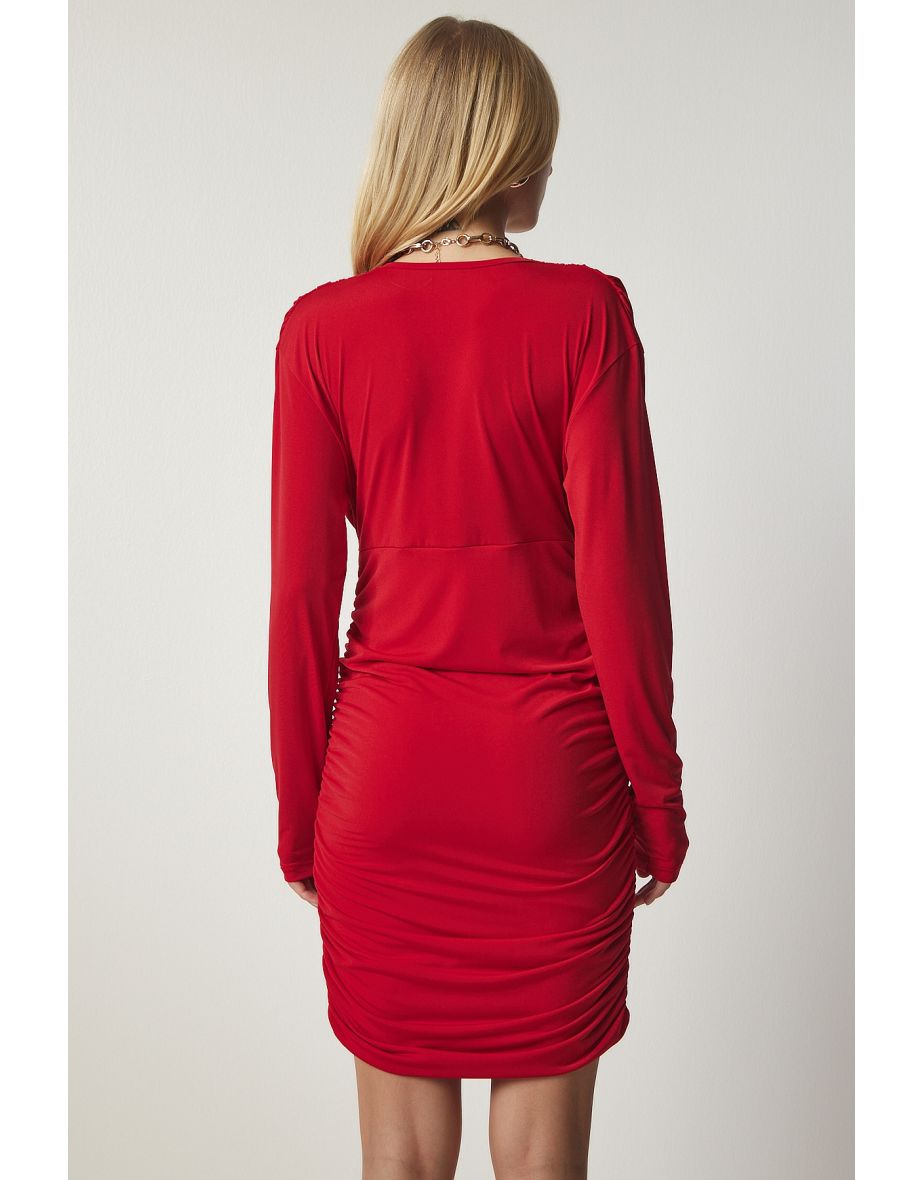 Red Ruched Bodycon Mini Party Dress with Long Sleeves - 4