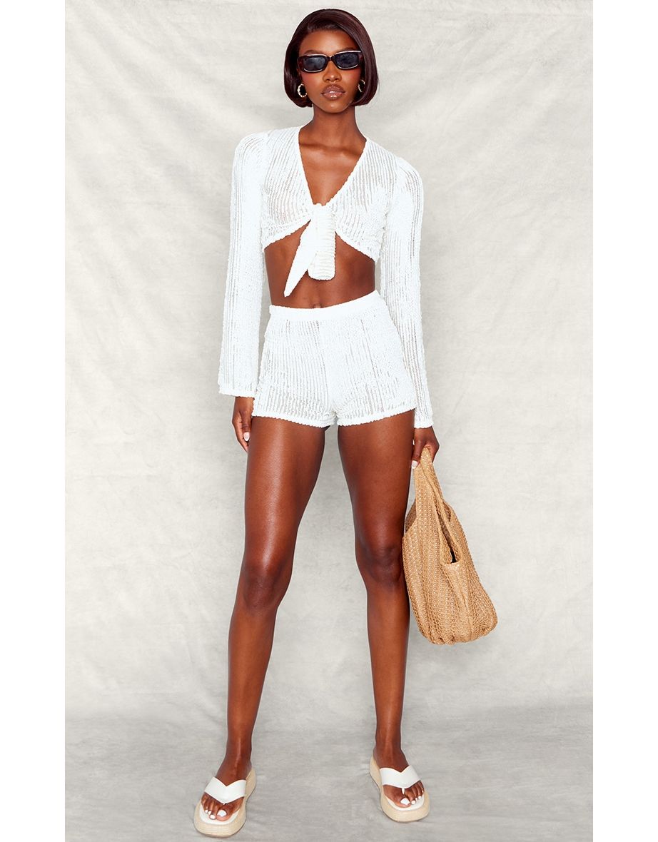 Tall Cream Textured Knot Front Detail Crop Top