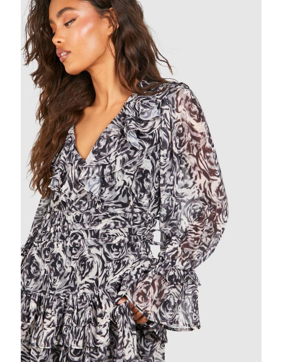 Floral Chiffon Ruffle Detail Smock Dress - black - 3