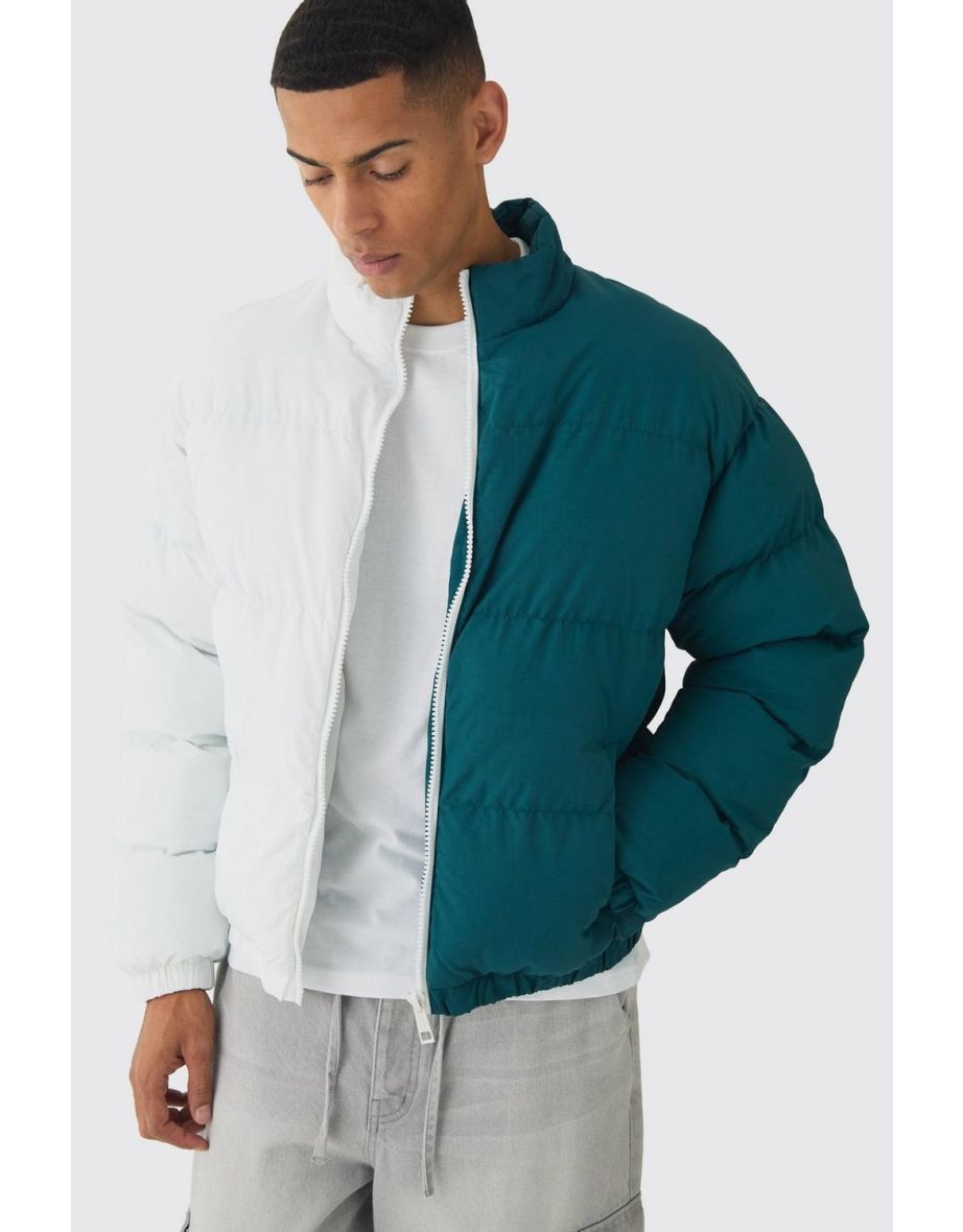 Half And Half Funnel Neck Puffer Jacket In Green