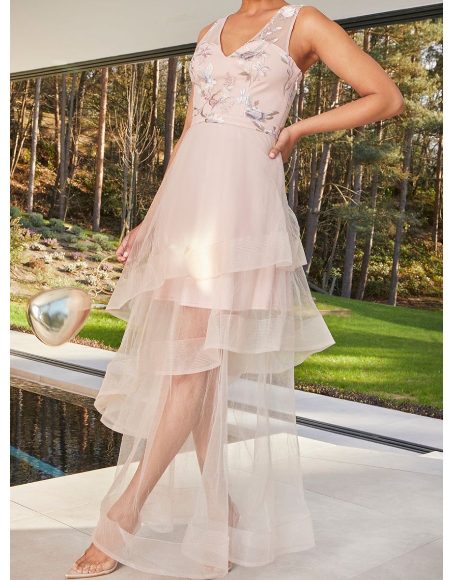 Embroidered V Neck Mesh Skirt Dip Hem Maxi Dress in Pink - 4