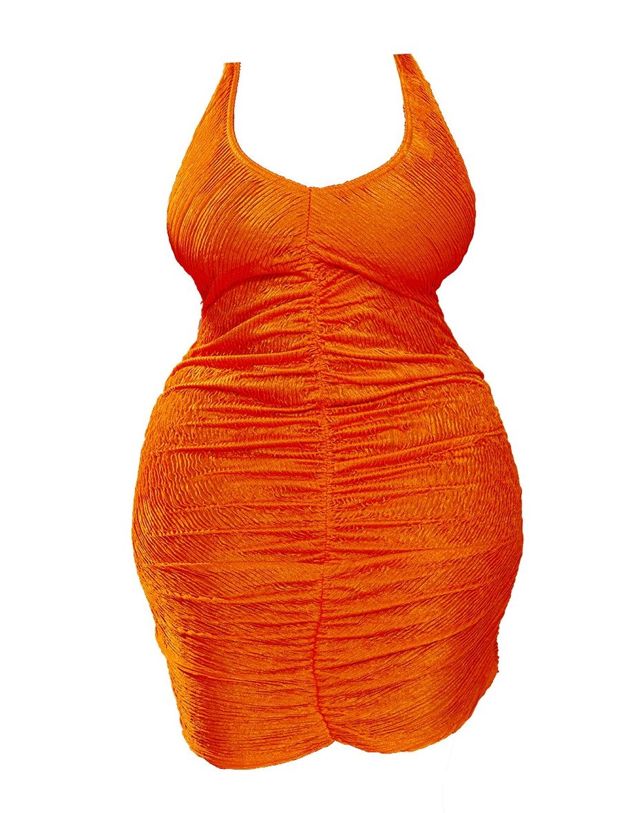 Plus Orange Textured Ruched Bodycon Dress - 2