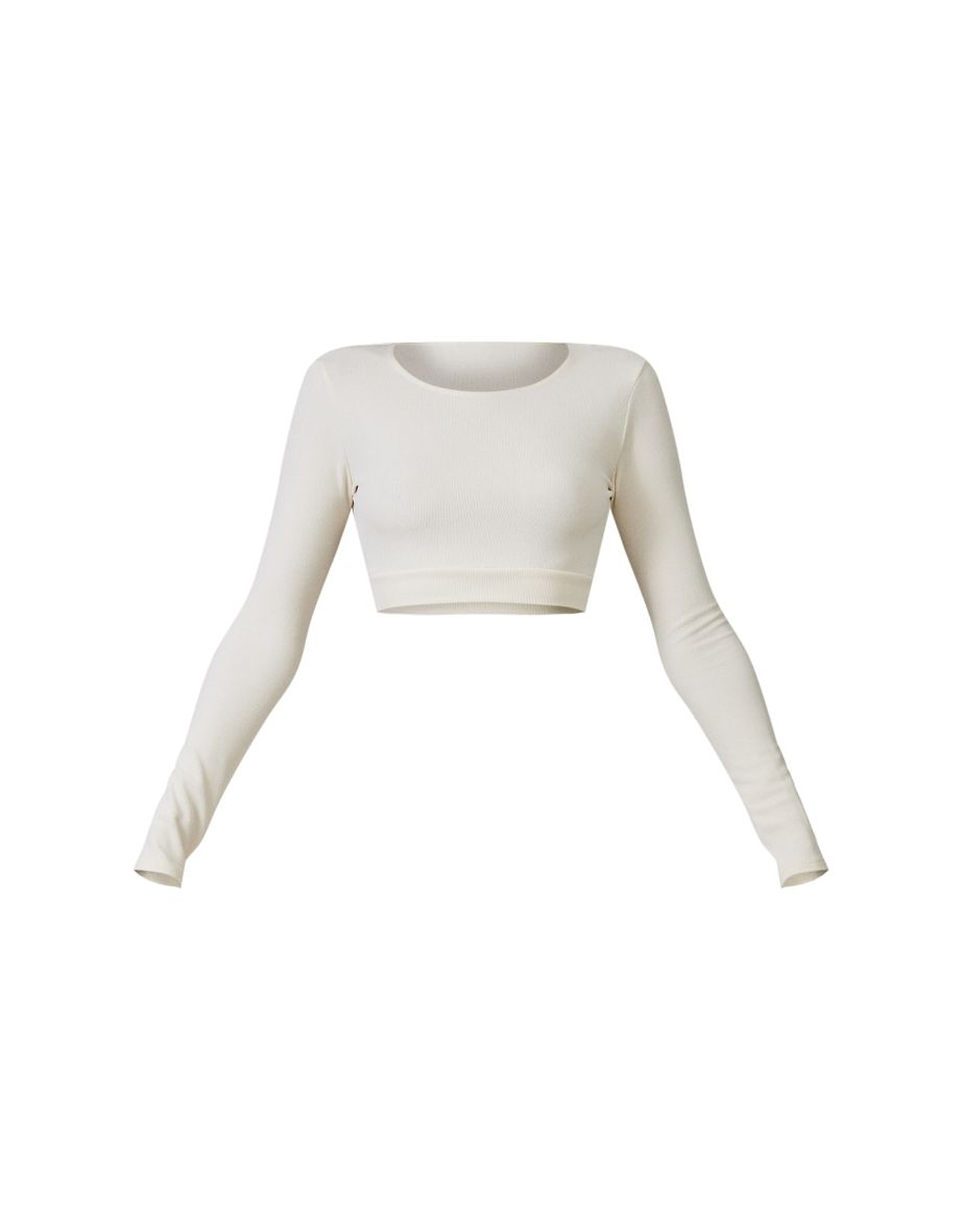 Beige Stretch Rib Long Sleeve Open Back Crop Top - 4