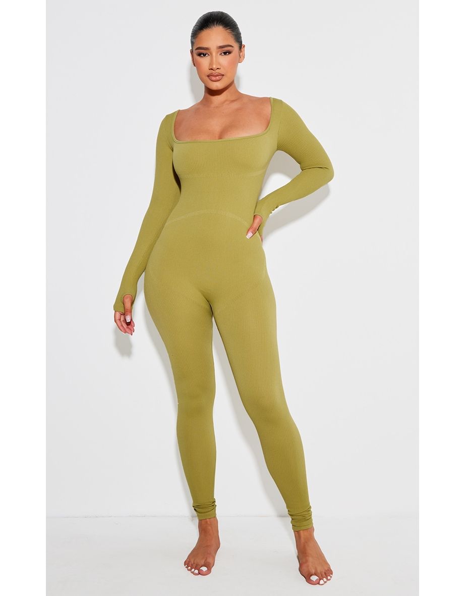 Shape Olive Contour Rib Square Neck Thumb Hole Jumpsuit