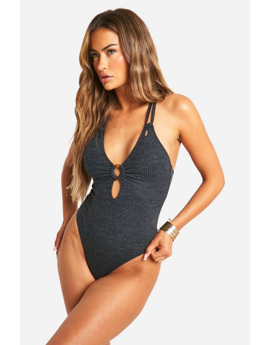 Tummy Control Textured O-ring Swimsuit - black