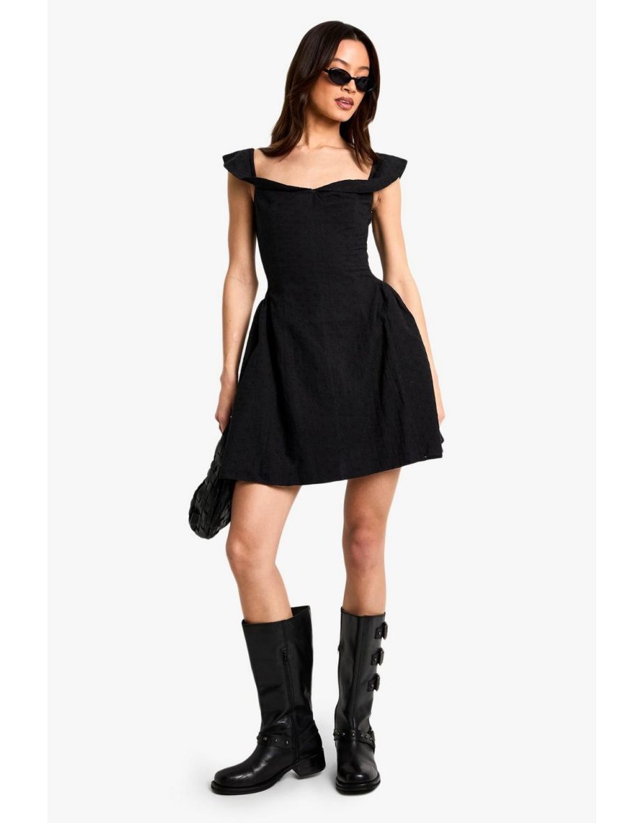 Tall Broderie Structured Skater Dress - black