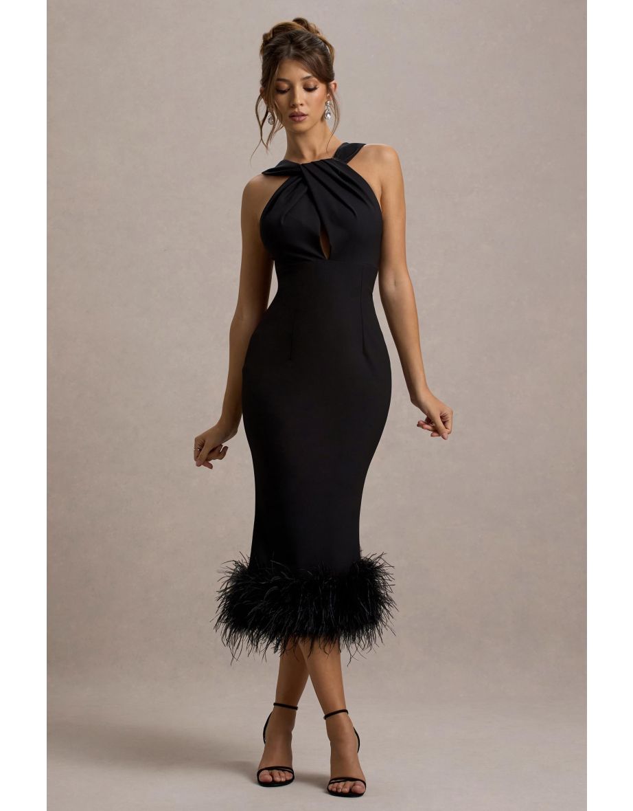 Titania | Black Twist-Neck Feather Hem Midi Dress