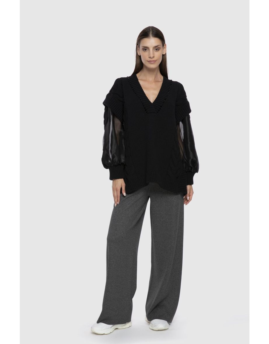 Transparent Balloon Sleeve Black Knitwear Tunic