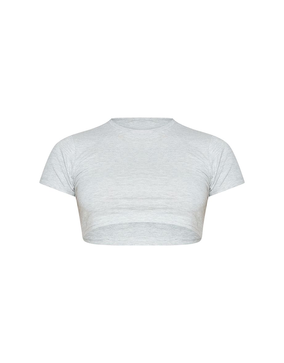 Essential Grey Marl Roll Sleeve Crop T Shirt - 4