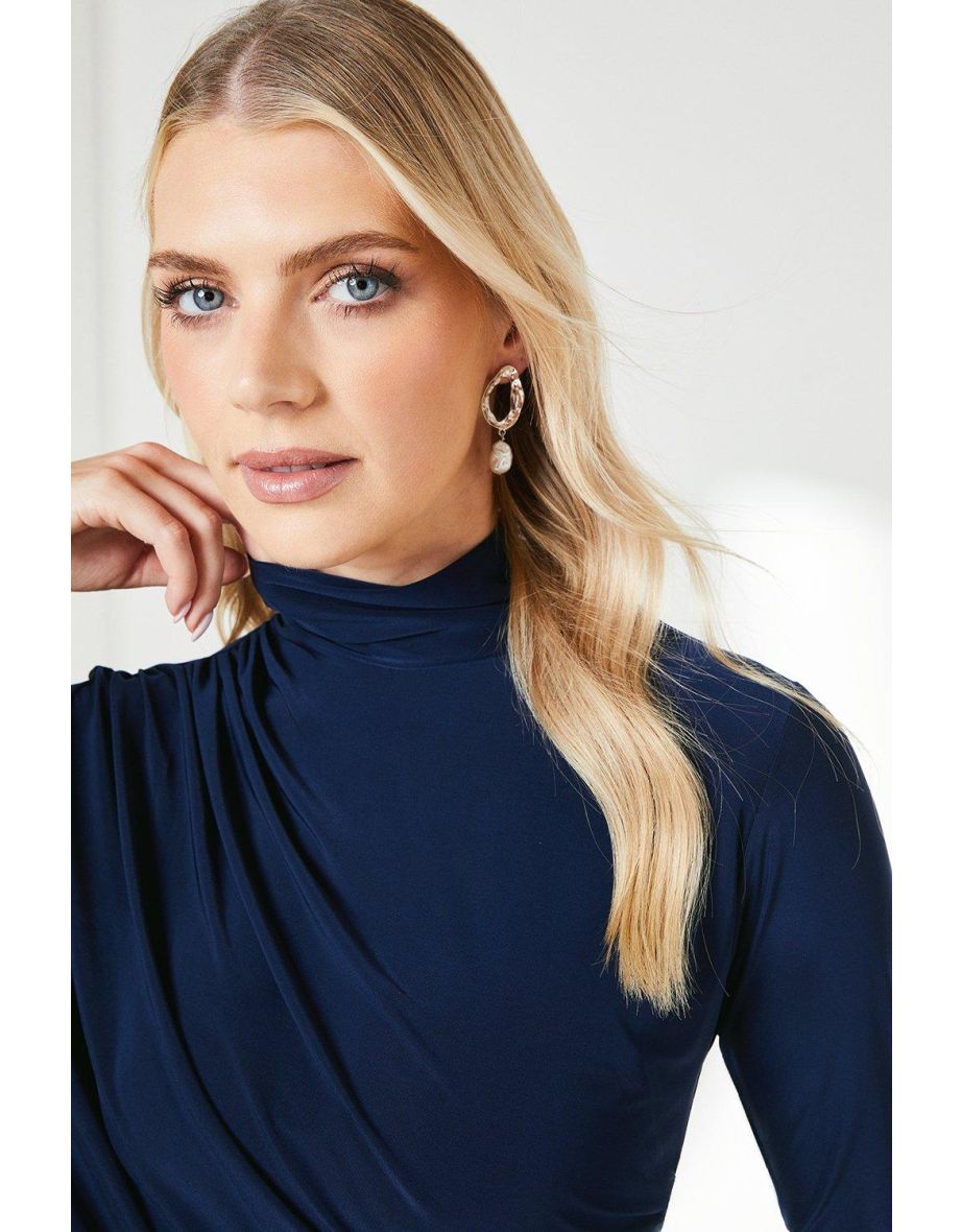 Principles by Debenhams High Neck Long Sleeved Navy Ruched Top - 3